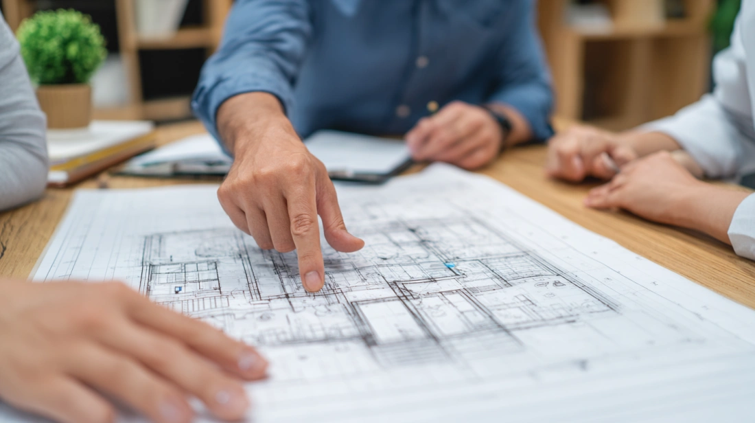 Architect reviewing a detailed 6-room house floor plan