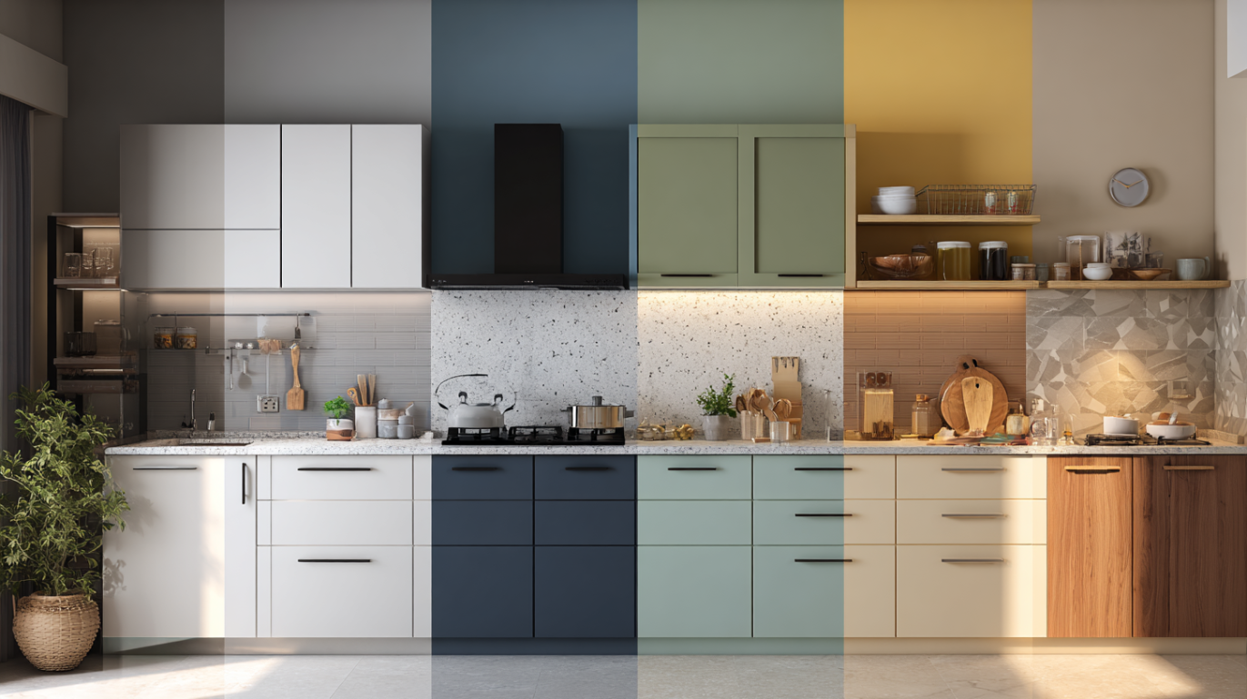 Two tone premium modular acrylic kitchen cabinet setup