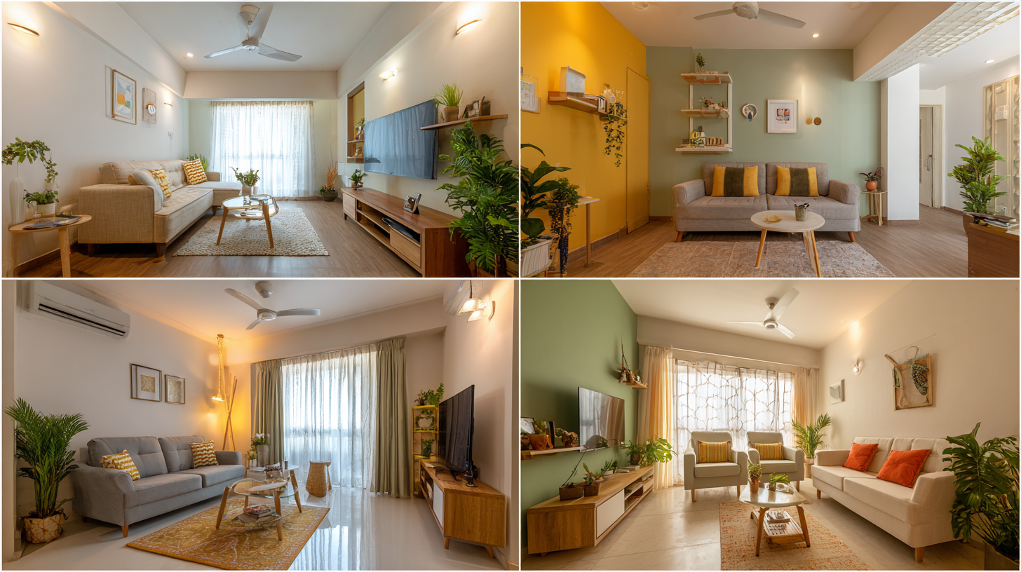 Four grid images showing different living room color schemes