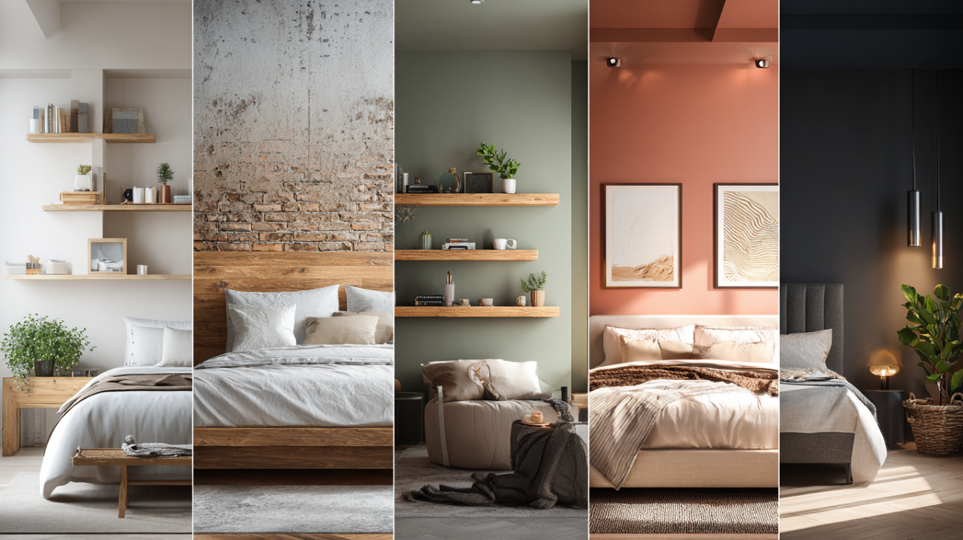 Bedroom shelves in solid wood, MDF, plywood, bamboo, and metal for stylish Indian interiors.