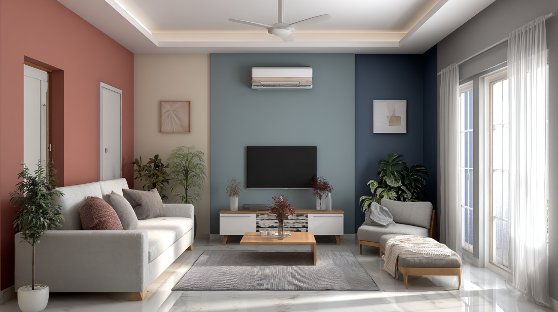 Multi-toned accent walls framing modern Indian family living