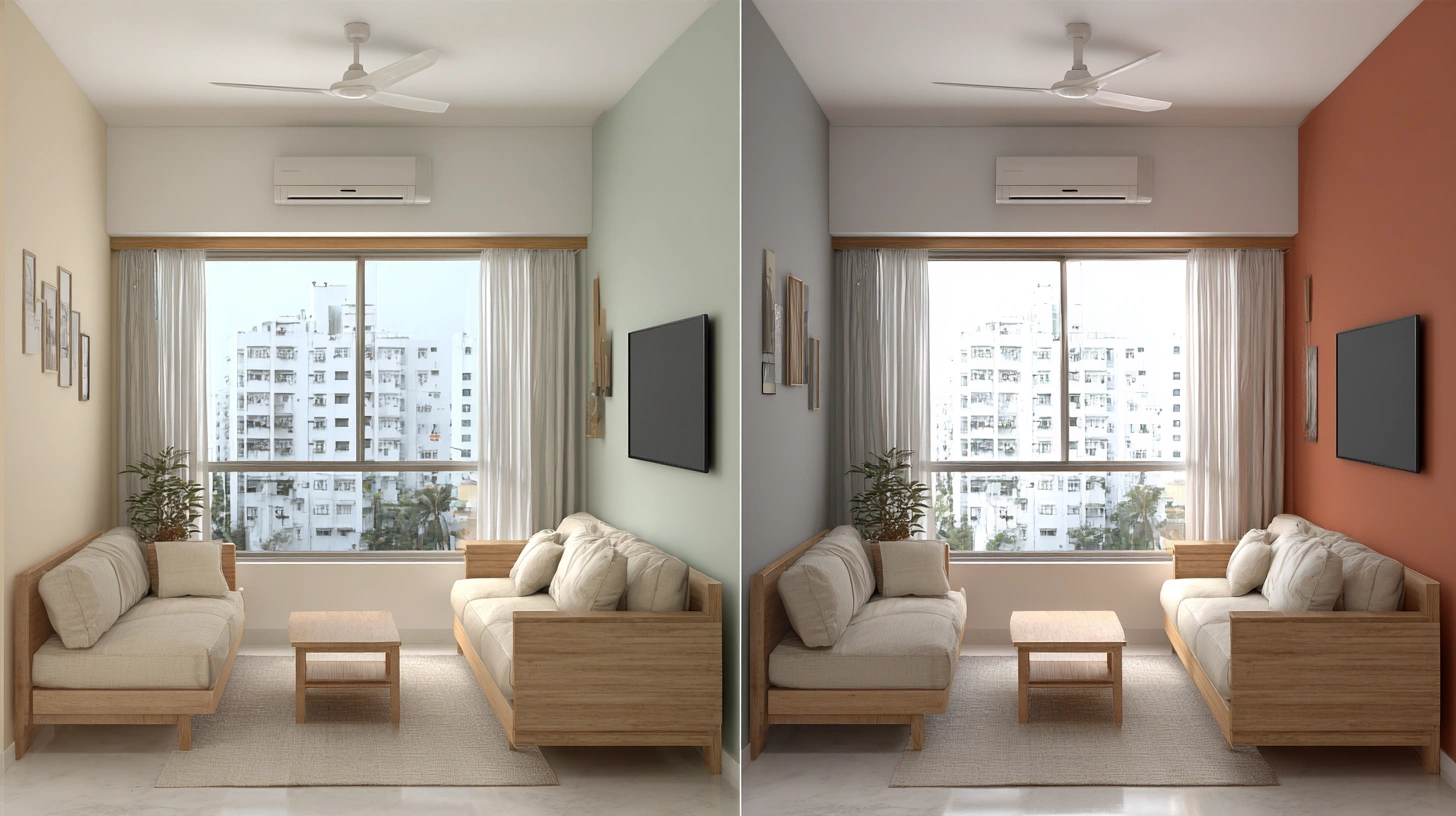 Two side-by-side neutral apartment living room concepts