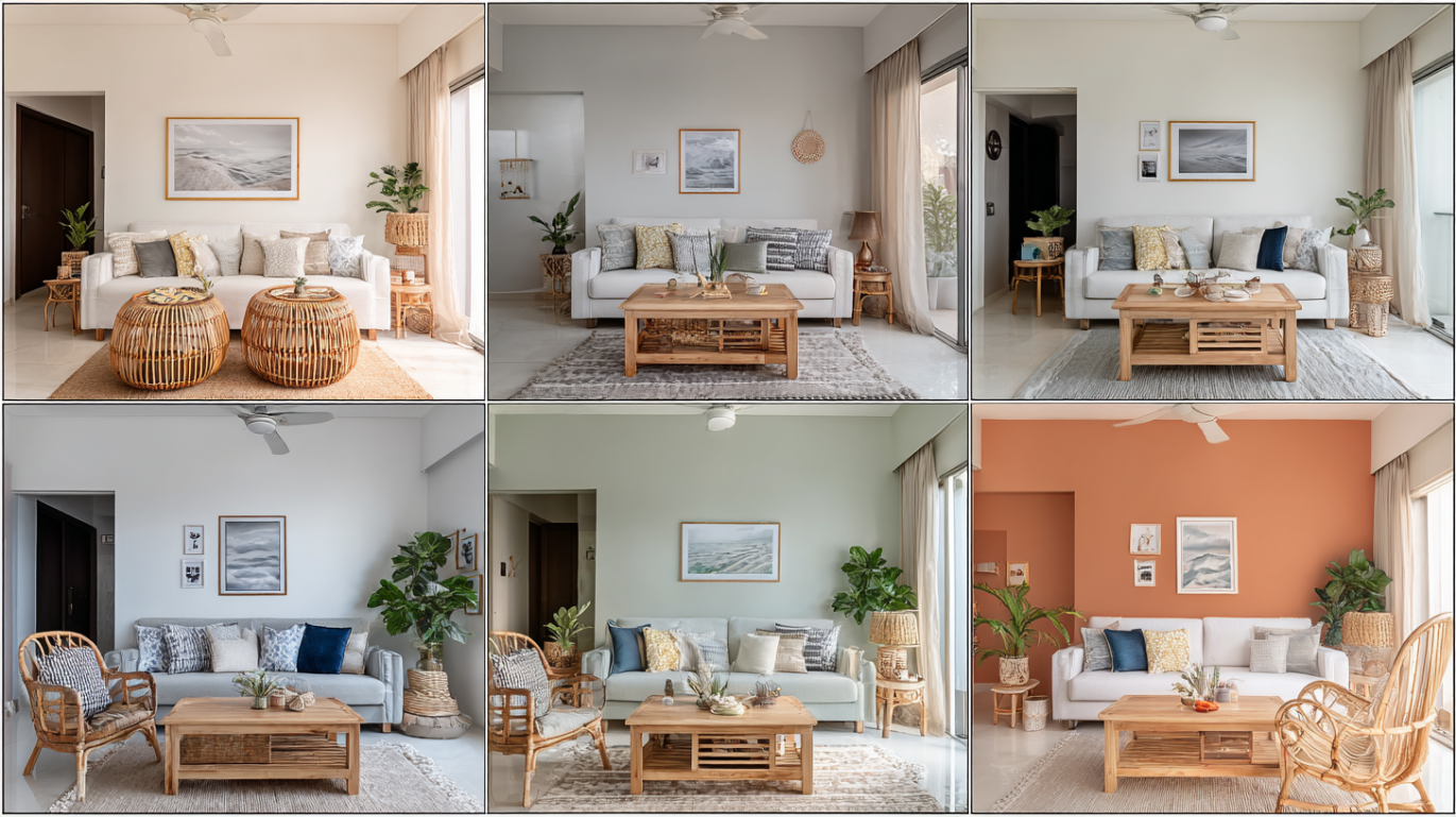Six living rooms showing different color palettes
