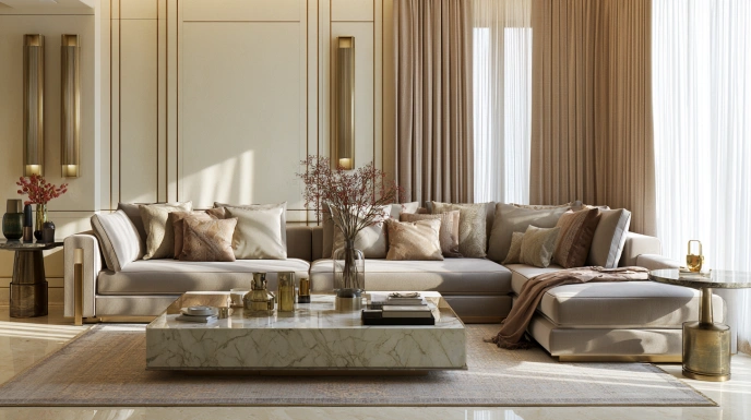 Luxury living room with warm ivory and brass