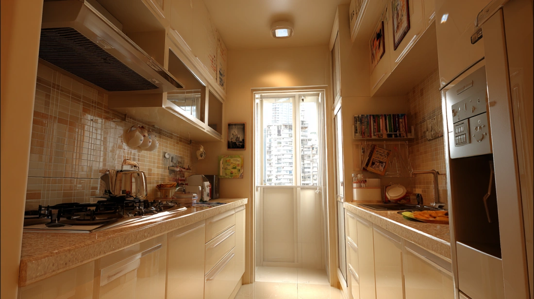 Bifold cabinet shutters in narrow Indian kitchen space
