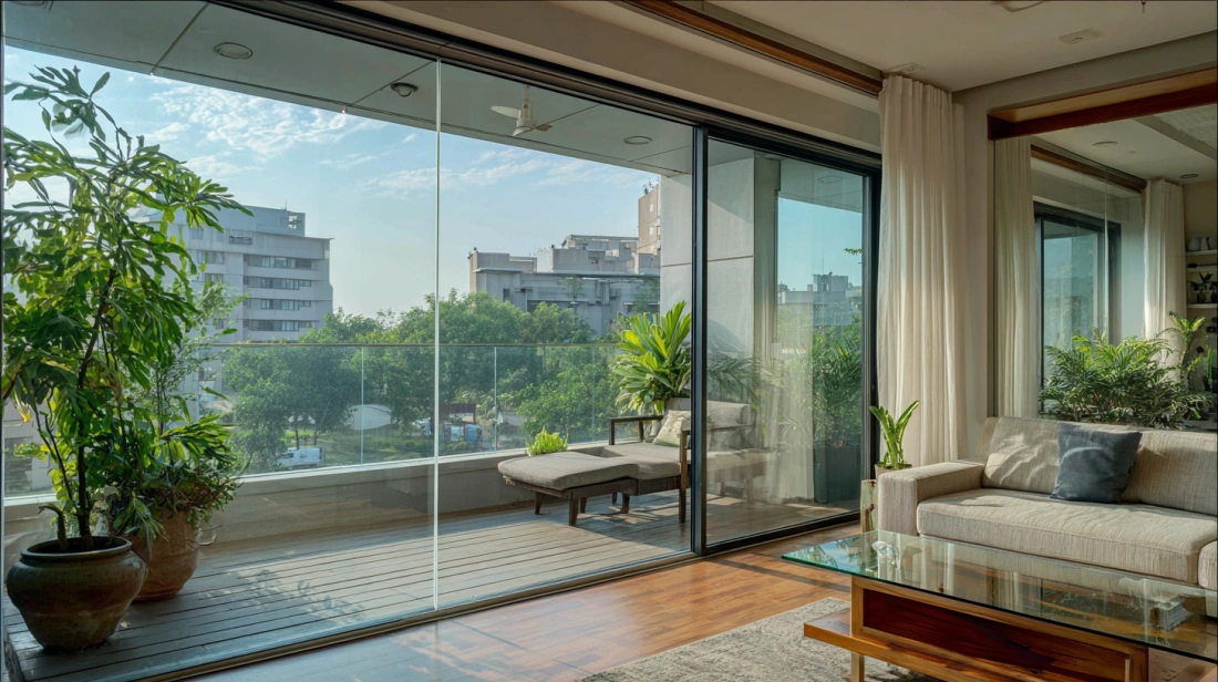 Modern glass bifold doors opening onto a sunny balcony