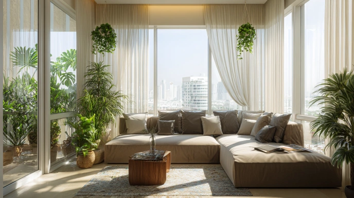 Natural light in biophilic living room