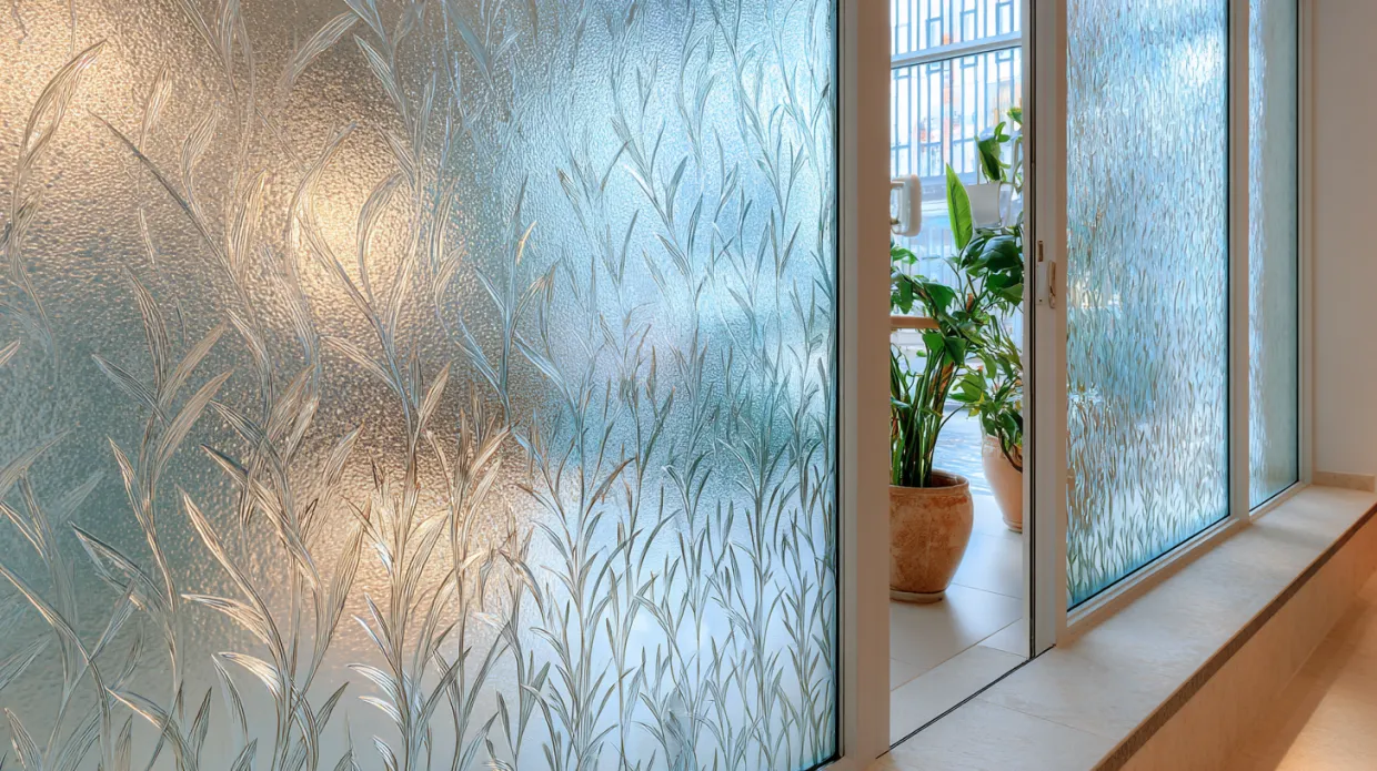 biophilic textured glass with natural leaf and vine patterns