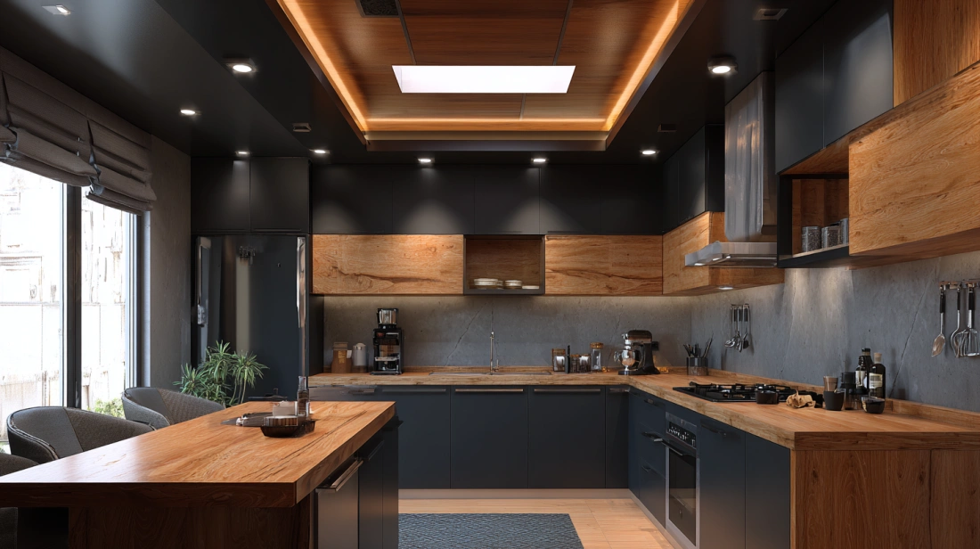 Modern kitchen with a dramatic black gypsum false ceiling