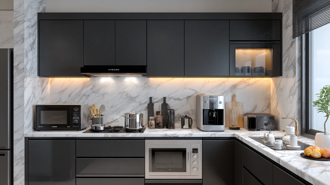 Matte black shutters in sleek modern Indian kitchen setup