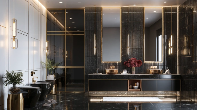 Black marble flooring in a contemporary bathroom
