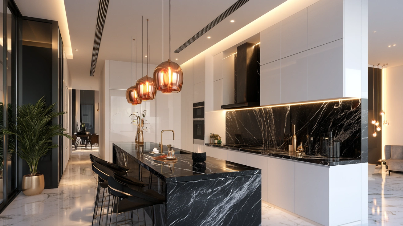 Modern kitchen with black marble countertop