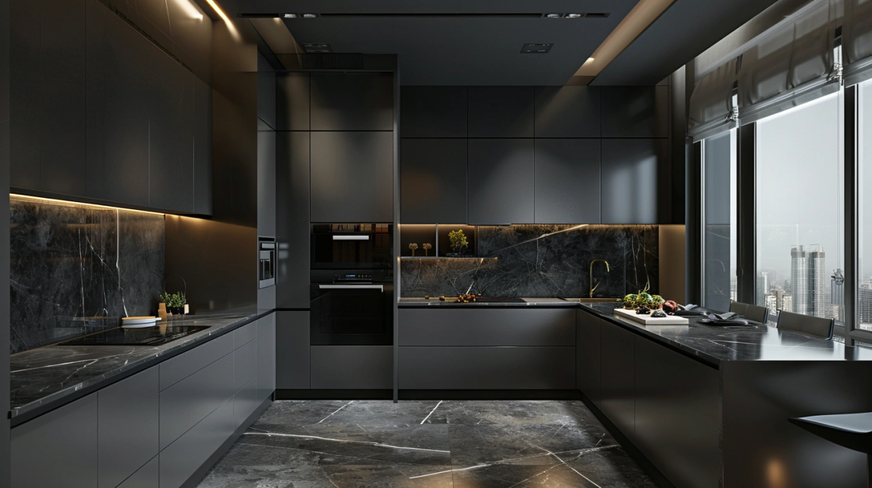 Indian luxury kitchen with black and grey modern design