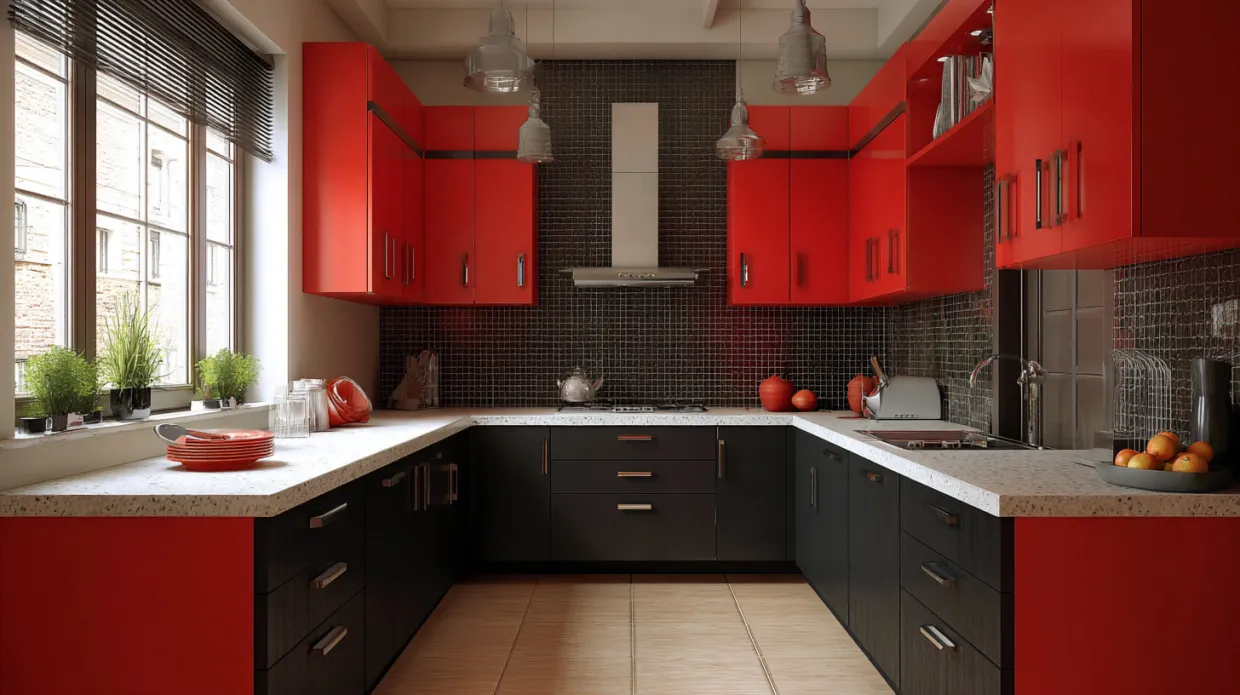 modern kitchen with black and red cabinet colour combination and sleek countertops
