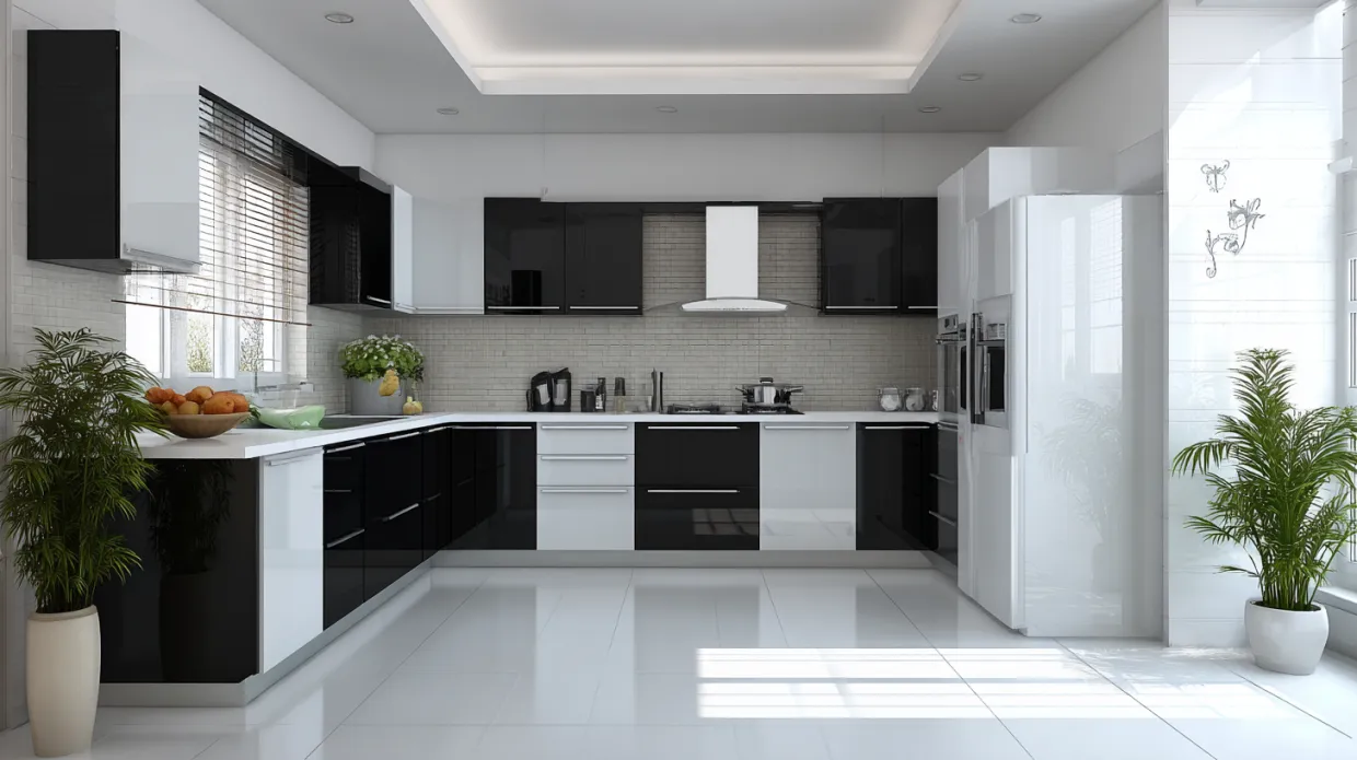 modern kitchen with black and white cabinet colour combination and glossy finish