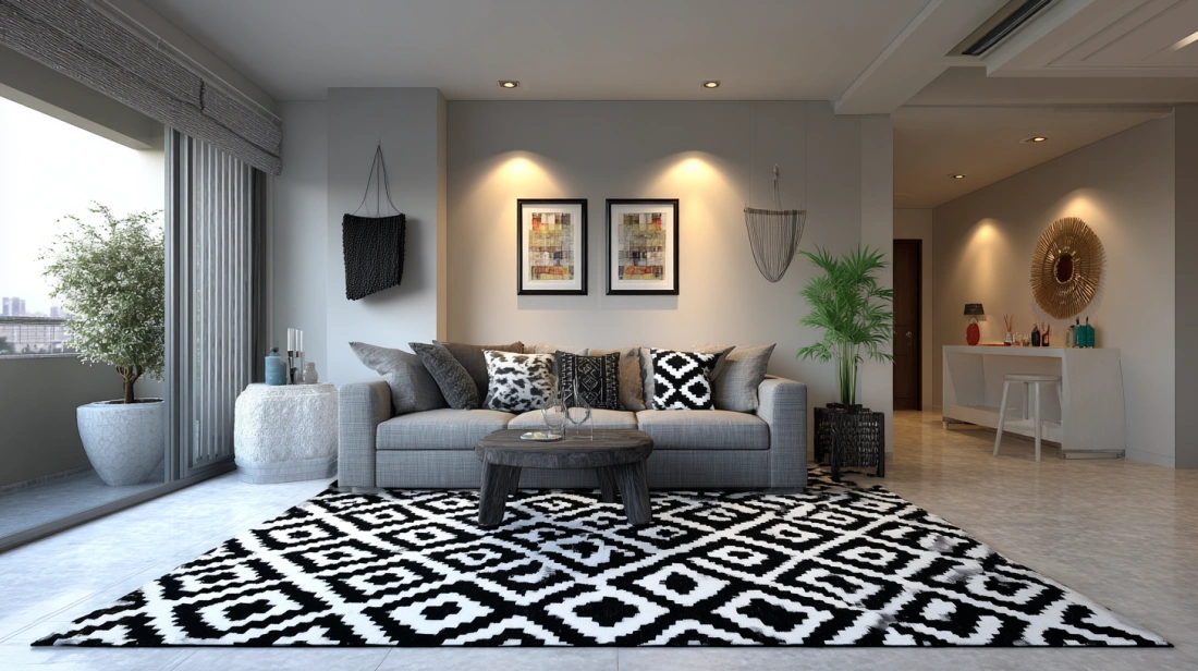 Bold black white rug defines a modern Indian living room look