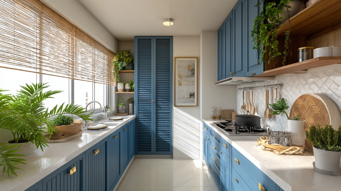 Blue shutters in fresh coastal style Indian kitchen