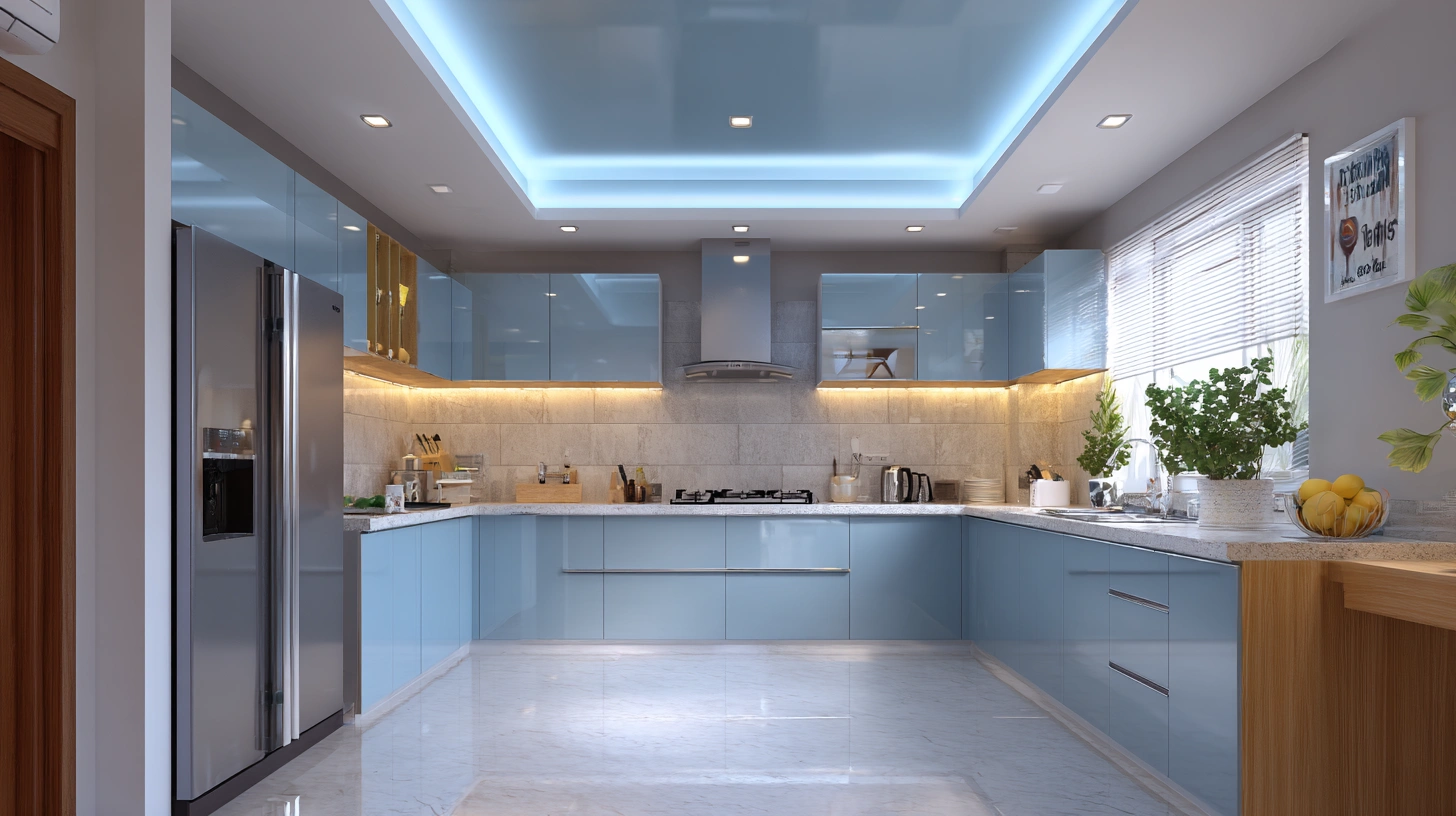 Gypsum kitchen ceiling featuring vibrant blue LED cove lighting