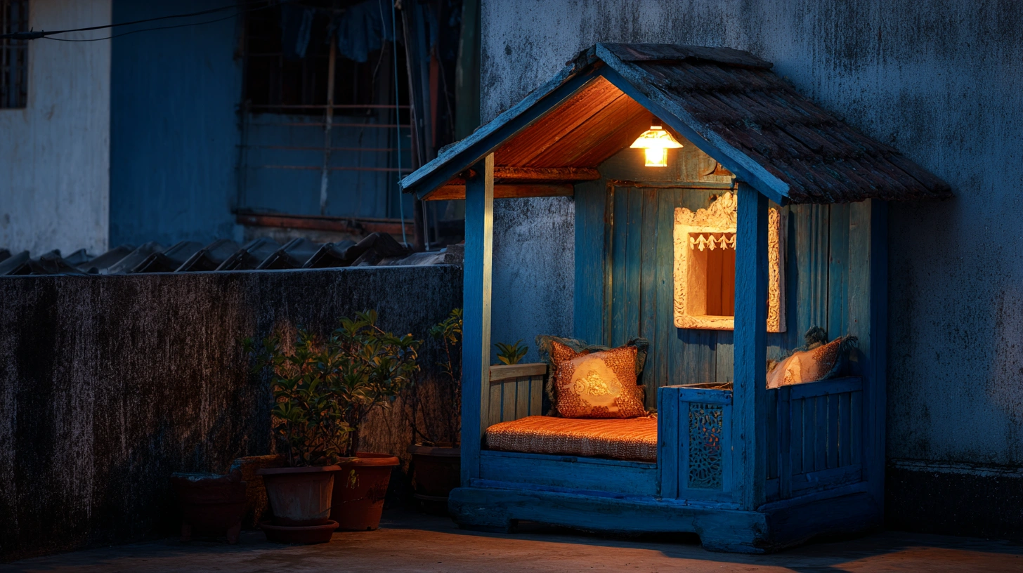 Blue dog house with small porch light on terrace