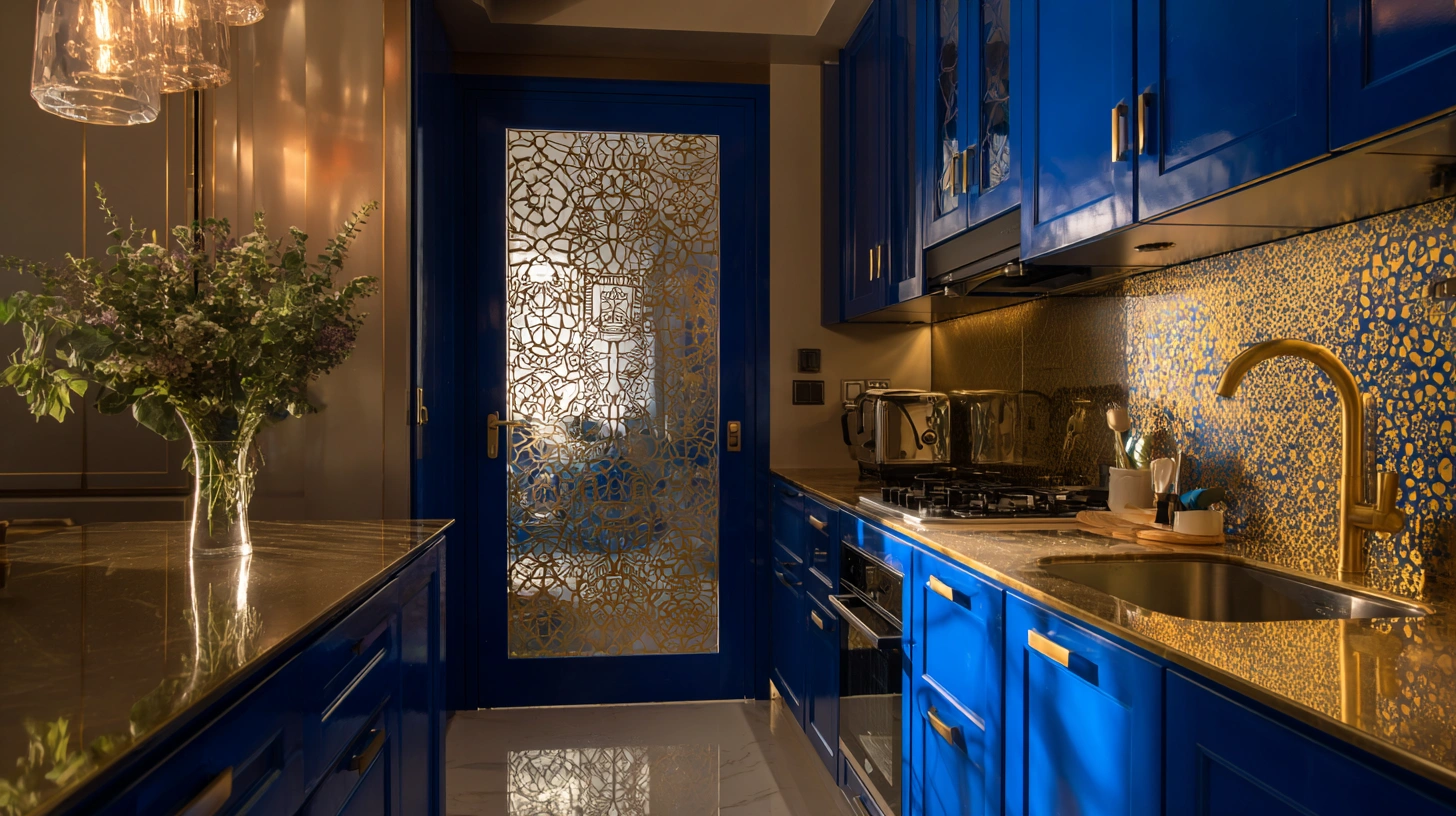 Ornate blue door with gold geometric patterns and glass