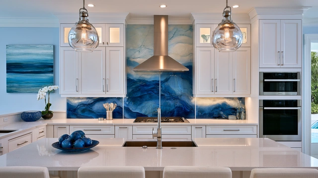 Blue glass kitchen tiles