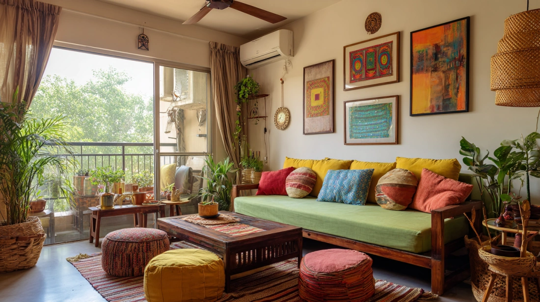 Vibrant bohemian style living room with colorful cushions