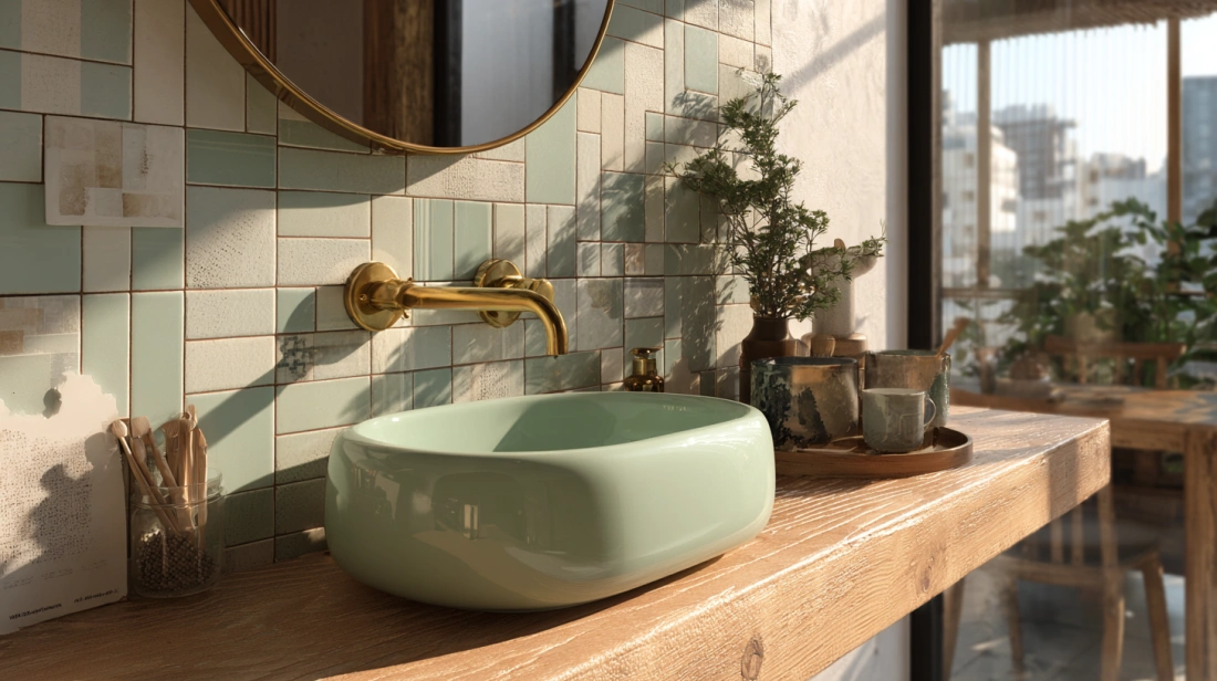 Mint ceramic basin on wooden slab in dining corner