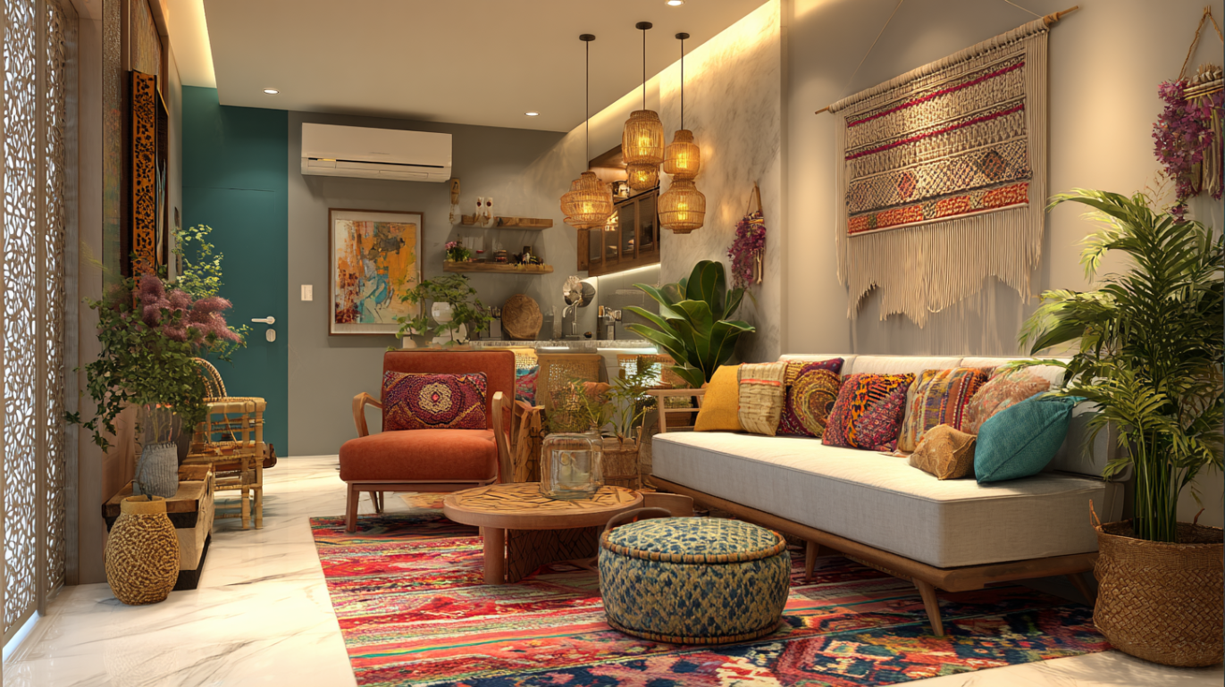 Bohemian style 1 BHK living room