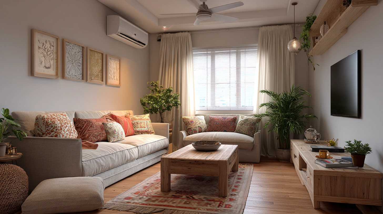 Cozy bohemian small living room with plants