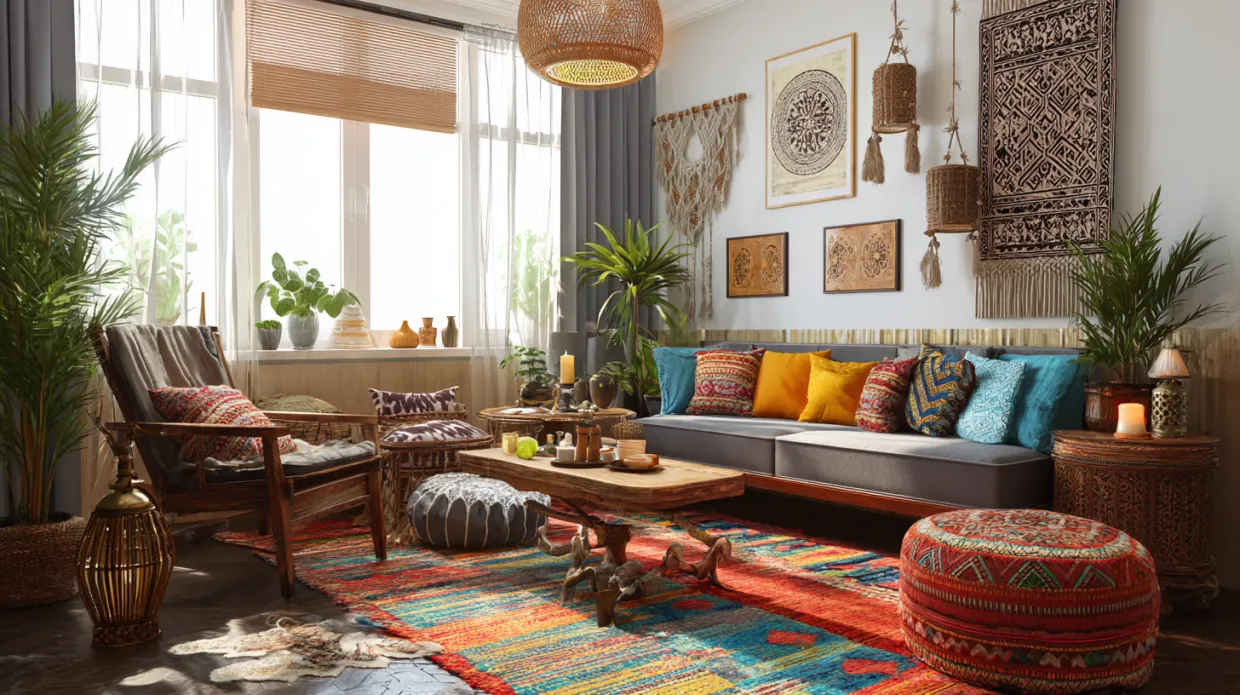 bohemian living room with colorful cushions, patterned rugs, and woven decor