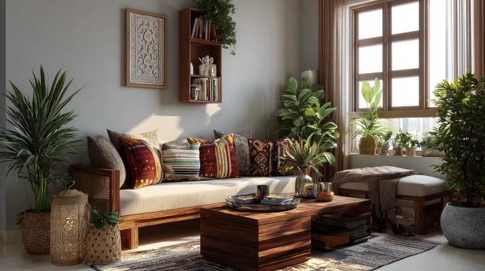 Bohemian living room with plants and textures