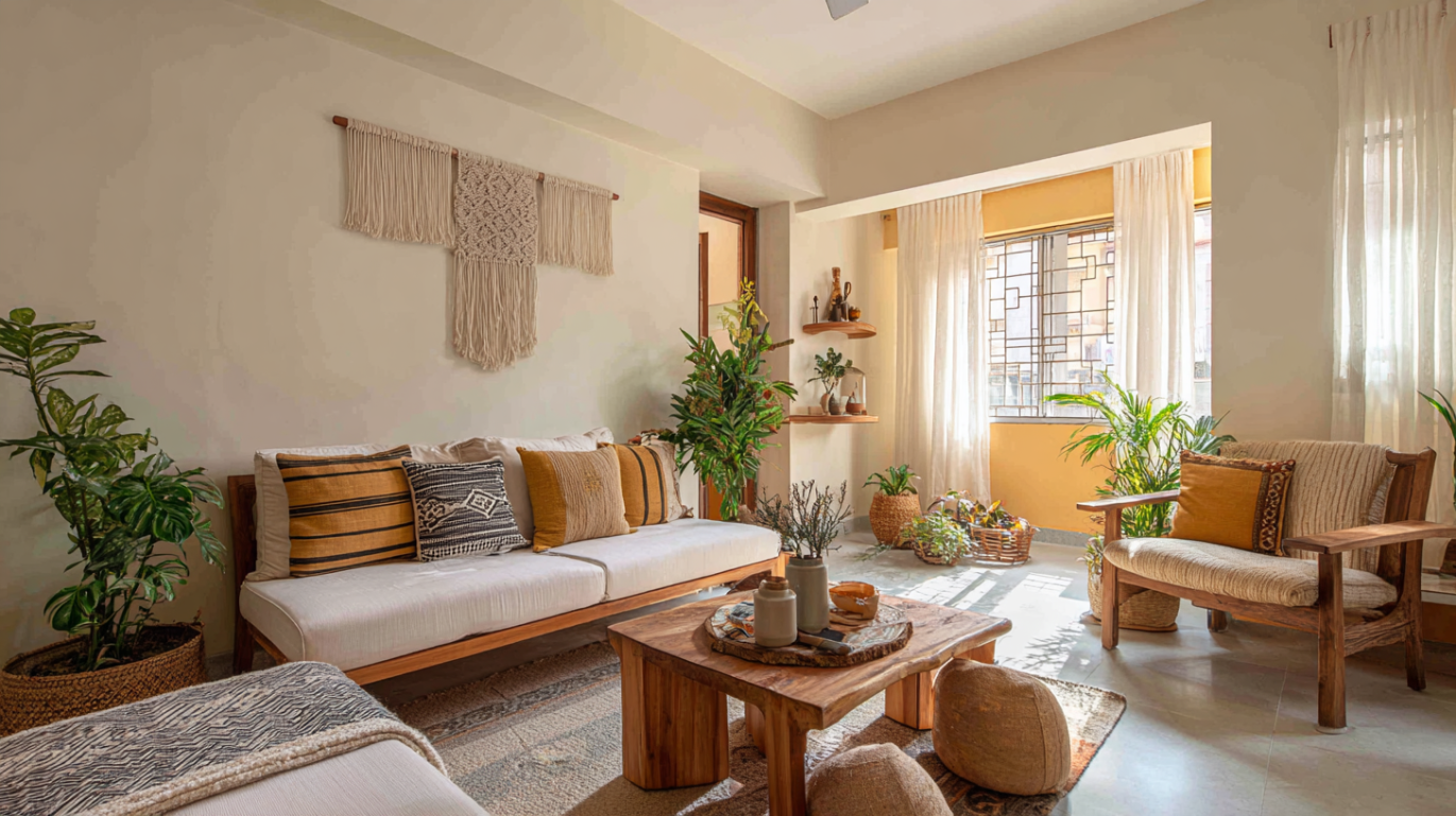 Bohemian vintage living room with layered décor