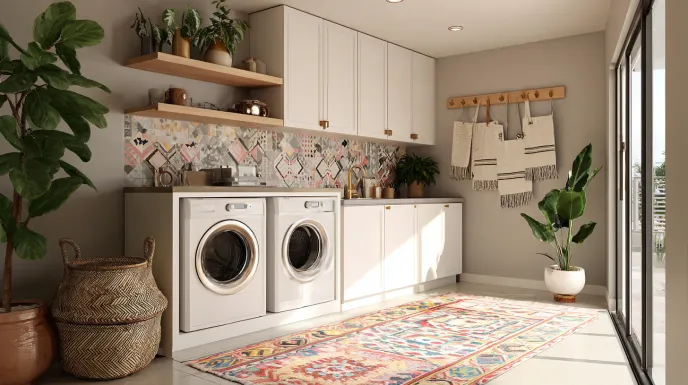 boho laundry room with kilim rug turkish towels and moroccan basket