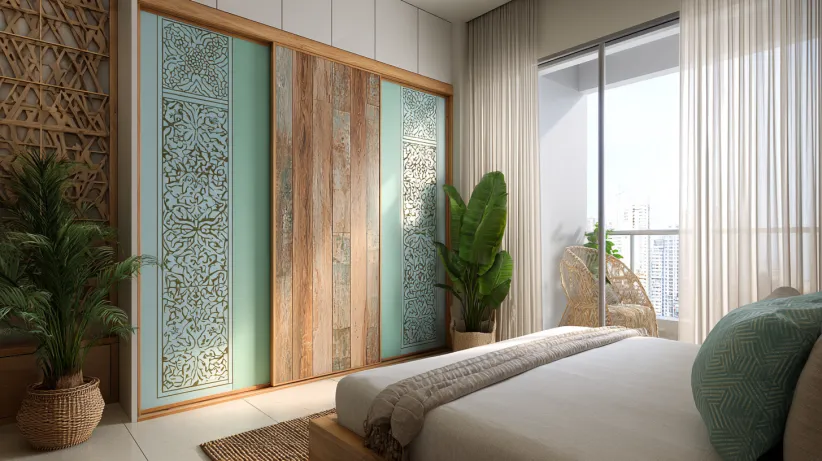 Bohemian style blue and wood sliding wardrobe design for a bedroom