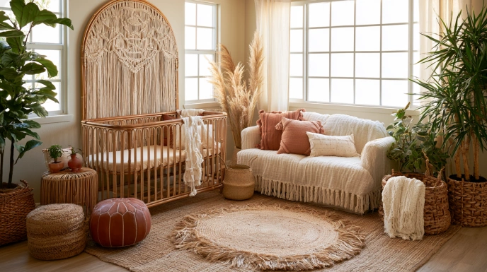 Boho nursery with rattan crib