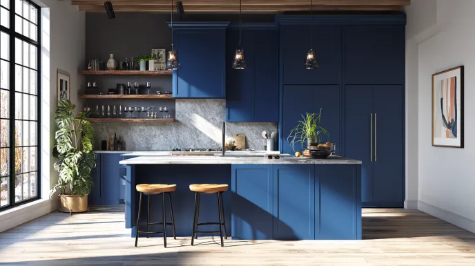 bold coloured peninsula kitchen design with modern storage and seating