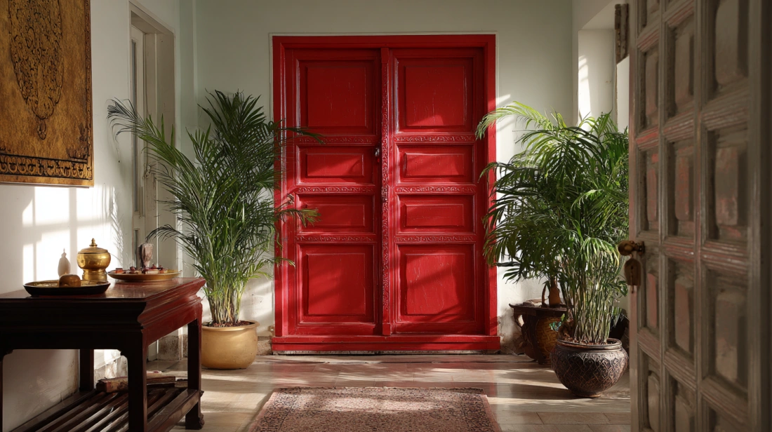 Bold red wooden door creating vibrant statement entrance