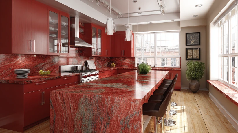 bold red countertop styled in a modern kitchen counter granite design