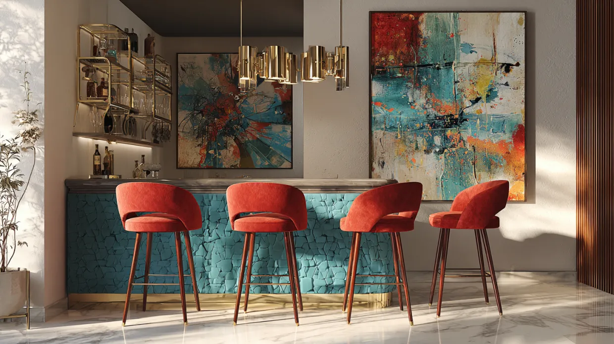 bold home bar design with vibrant colours and metallic accents