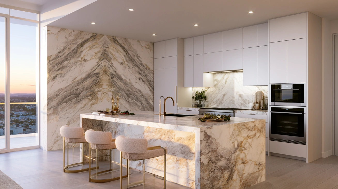 Bookmatched marble kitchen backsplash