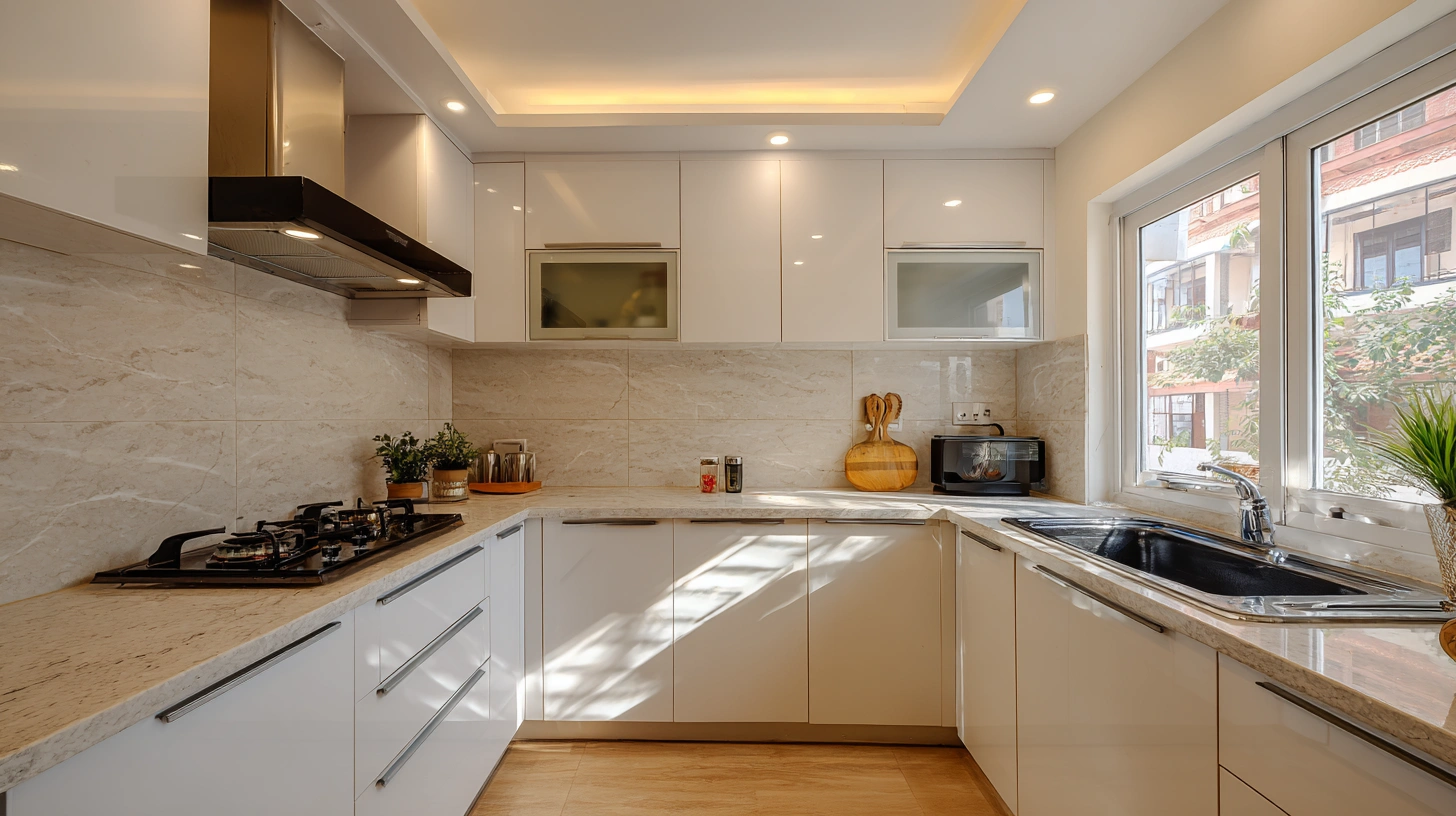 Modern white kitchen with a sleek peripheral POP ceiling