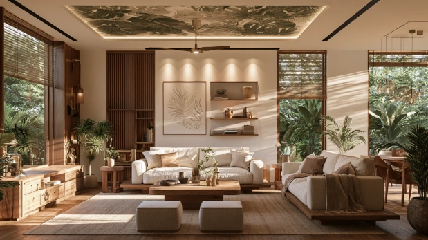 Green botanical leaf pattern wallpaper on a ceiling