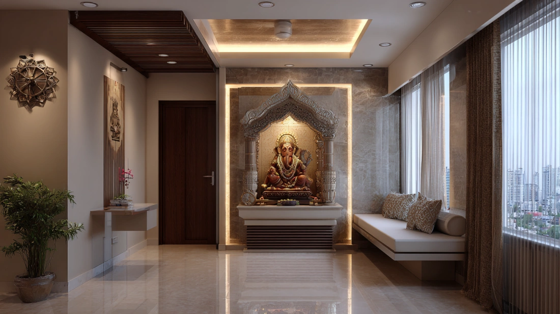 Modern pooja ceiling with clean linear botanical patterns