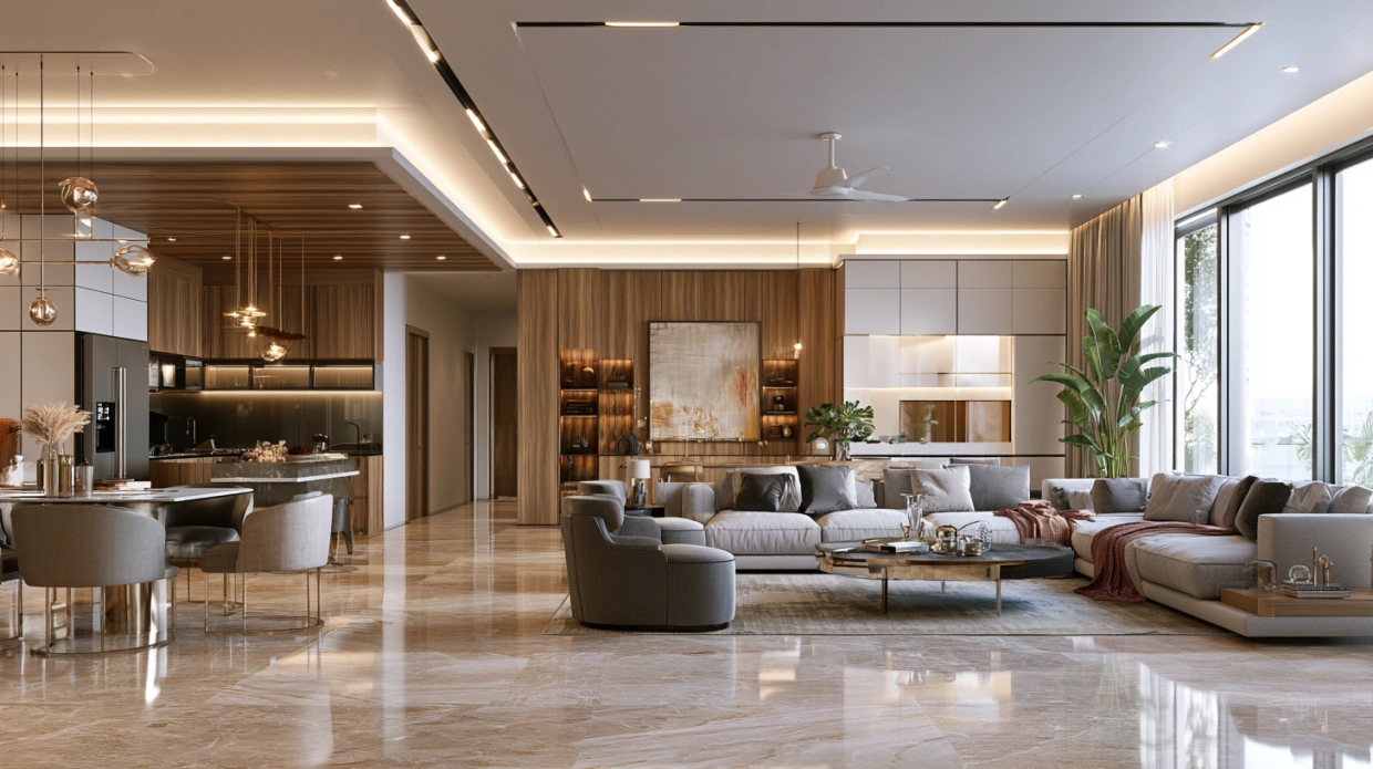 Botticino marble flooring with warm beige tones