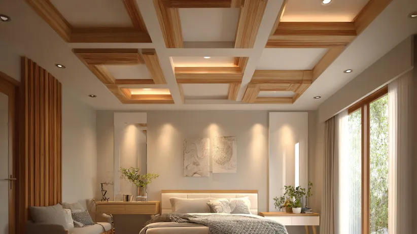 box panel ceiling design for modern and elegant bedroom interiors