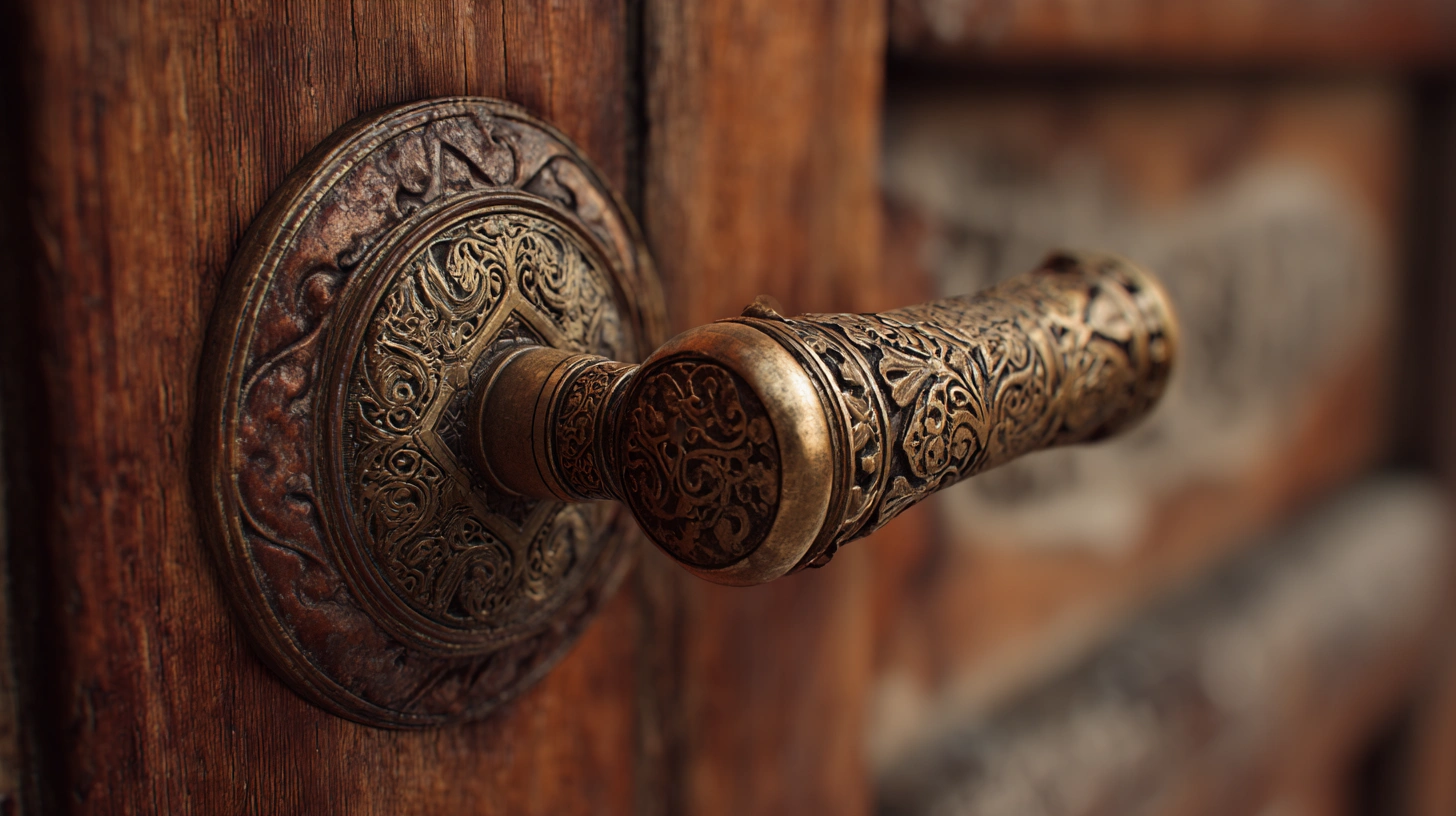 Intricate brass handle on wood door