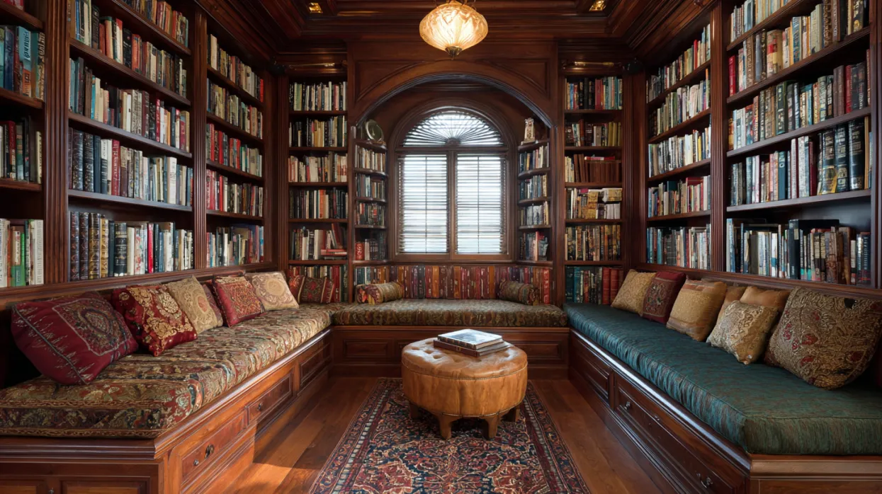 expansive bookstore-style shelving in eclectic home library design