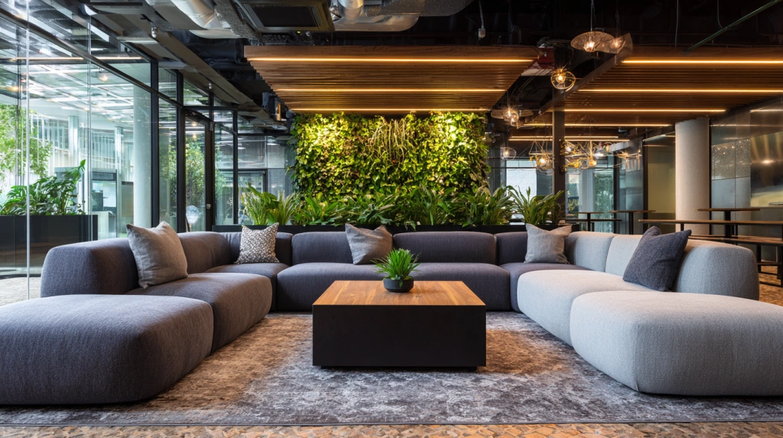 Modern office lounge with colorful sofas and a coffee table