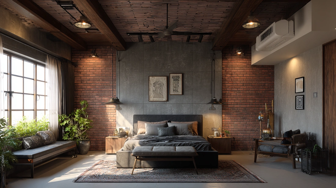Brick pattern PVC ceiling in industrial style bedroom
