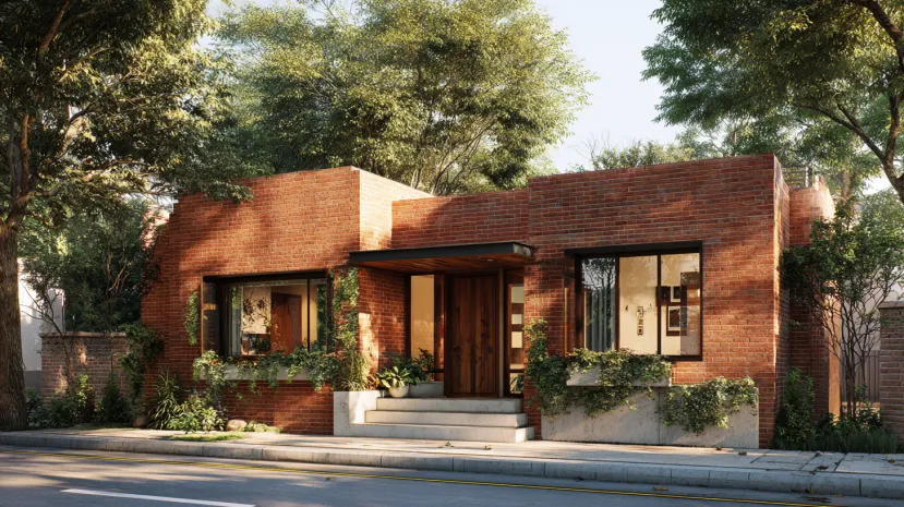 Modern one-story red brick house with green ivy and stone steps
